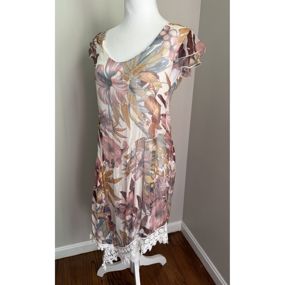 Lola Dress Women XS Silk Asymmetrical Floral Sheer Boho Crochet Italy Fairy Core